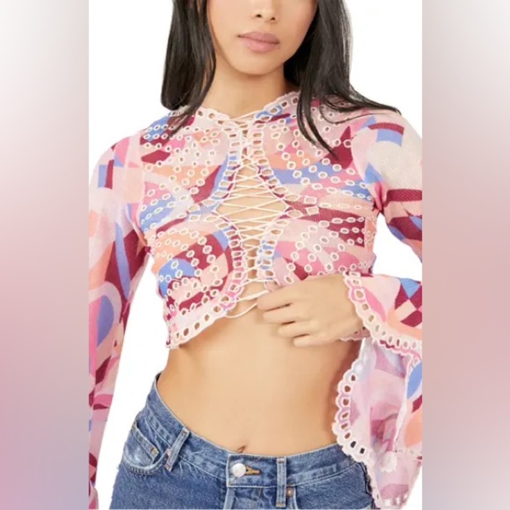 𝓯𝓹 Free People ~ Eyes on You Bell Sleeve Eyelet Mesh Crop Top - Picture 4 of 13